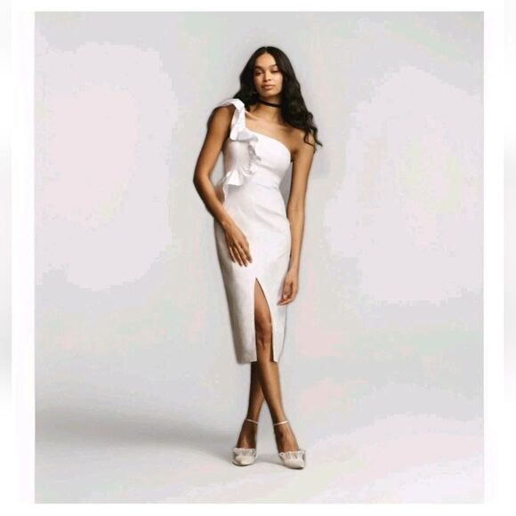 BHLDN  White Ruffle Fitted Dress One Shoulder Size small Formal Cocktail - Picture 1 of 8